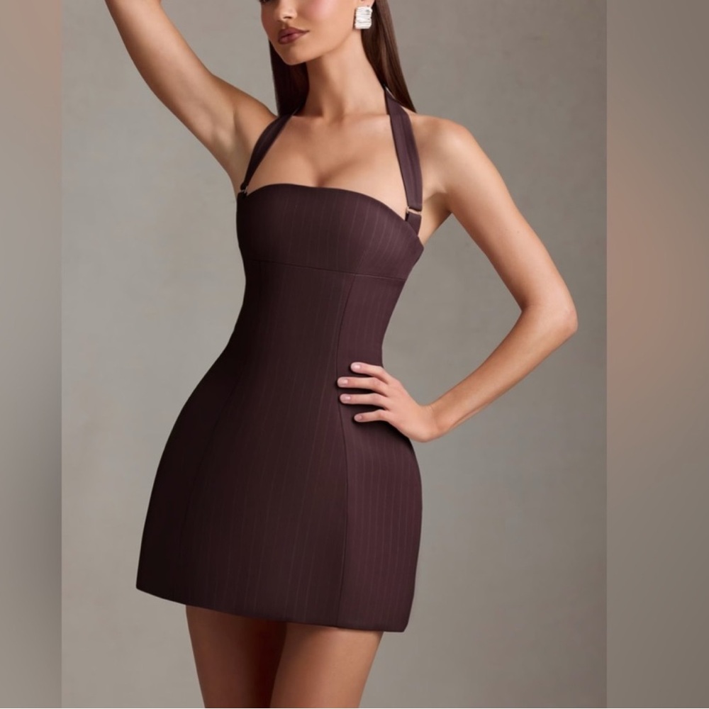 Oh Polly! brown Pinstripe A-Line Halter mini  Dress size 2 NWT - Picture 2 of 16
